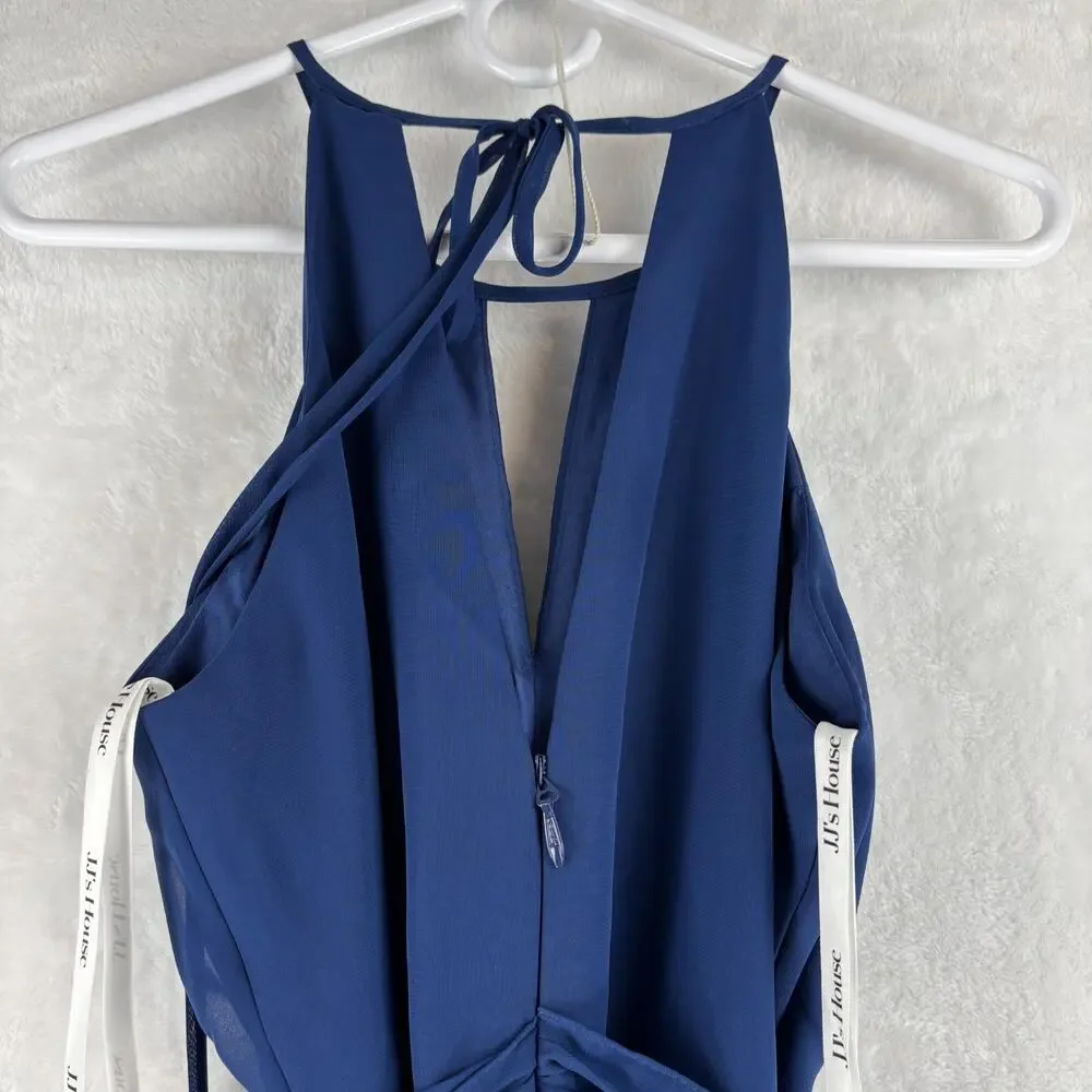 JJ's House Safara Halter Chiffon Jumpsuit Navy Blue Size 8 Built in Bra Wide Leg - Picture 6 of 9